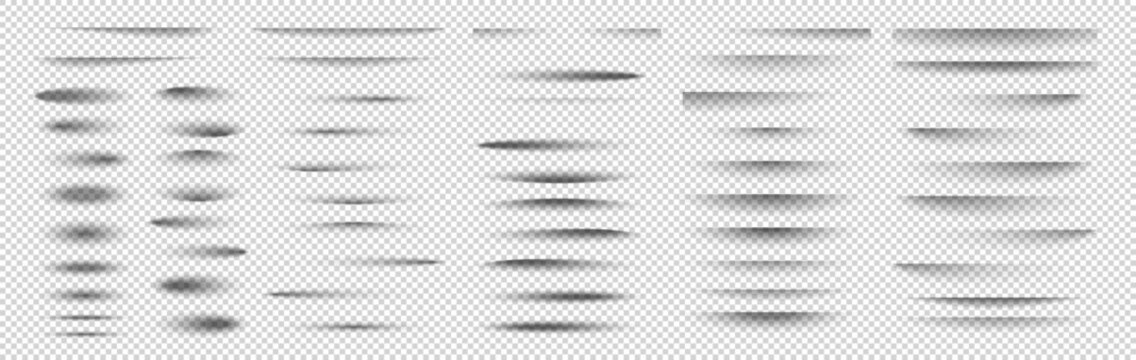 Set of realistic oval, horizontal, and linear shadow overlays isolated on a transparent background.