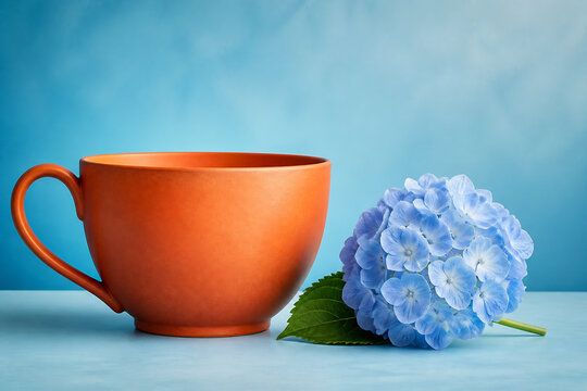 An orange mug and a blue hydrangea flower are placed on a light blue surface against a blurred blue background.