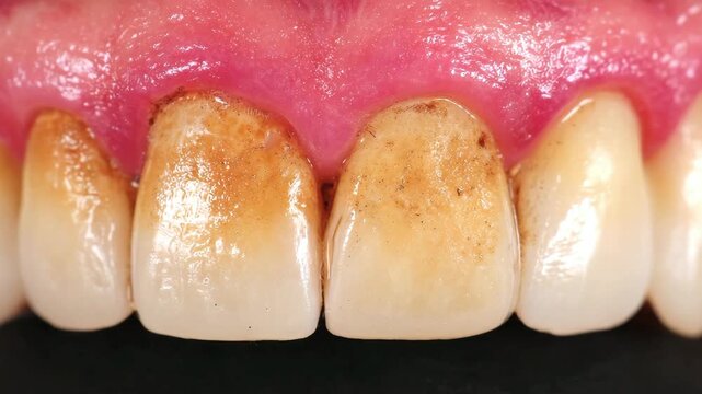 Close-up of teeth with plaque, yellowing, and inflamed gums. Concept of dentistry, hygiene, and oral diseases