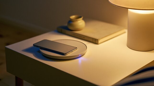 Smartphone resting on a wireless charging pad on a bedside table in warm ambient evening light
