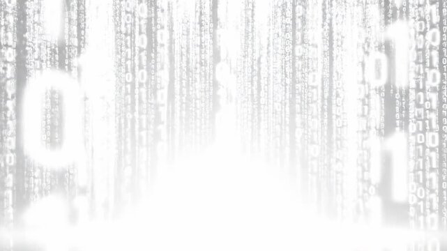 Numbers fall and create a digital rain effect against a bright light background. The setting shows a modern tech atmosphere with a focus on numbers