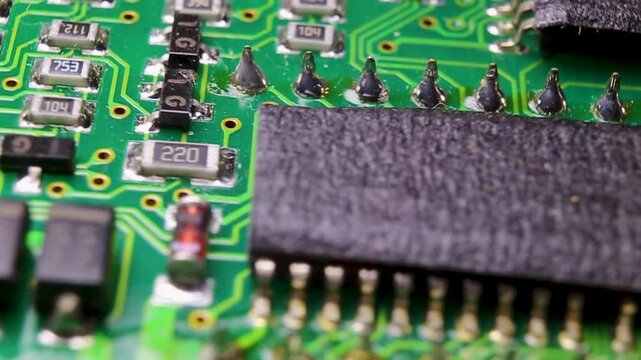 View of a part of an electronic printed circuit board with SMD components, macro video shooting