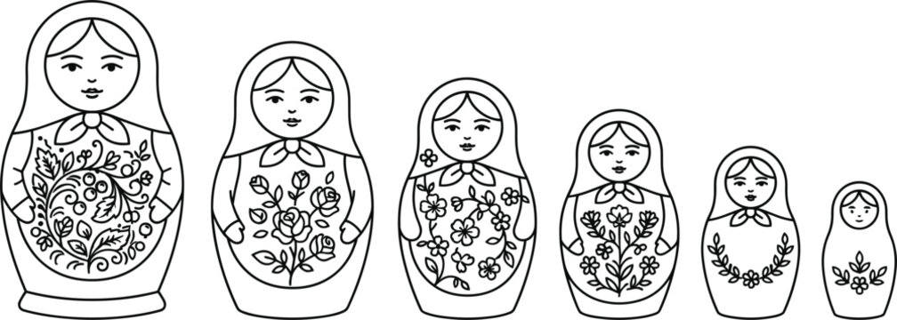 Russian nesting doll matryoshka line art vector set featuring traditional wooden stacking family dolls with floral details for coloring page and folk crafts