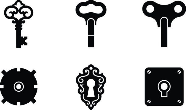 Vintage key and keyhole vector icon set featuring antique ornate designs, clockwork winding keys, and retro lock plates for security branding templates