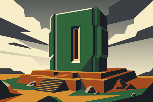 Green Geometric Monolithic Structure on a Desert Landscape