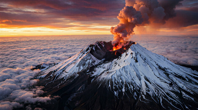 Dramatic Volcanic Eruption Above Clouds at Sunset with Snow-Capped Mountain