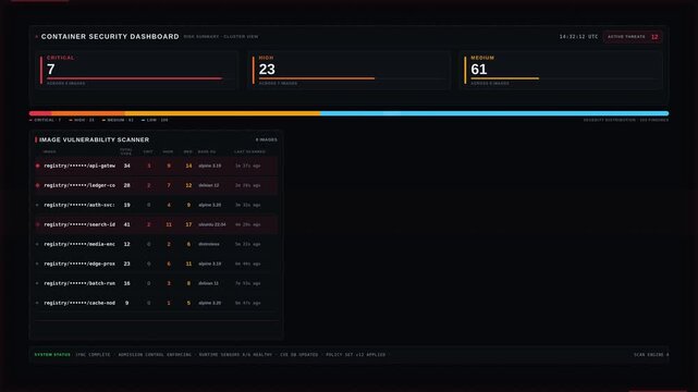 A sophisticated container security dashboard showcasing vulnerabilities, images, workloads, and policies with dynamic KPI blocks and animated compliance visuals in a dark threat-matrix atmosphere.