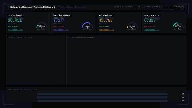 An enterprise container platform dashboard showcasing production applications and infrastructure with animated health cards, resource hierarchy, and deployment timeline in a sleek dark theme.