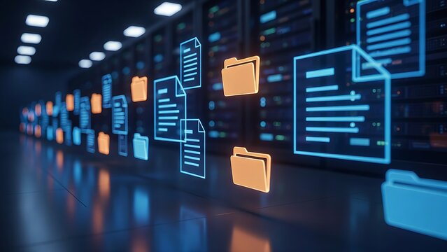 Digital documents and glowing folders in a modern data center showing an efficient cloud storage and information management system concept