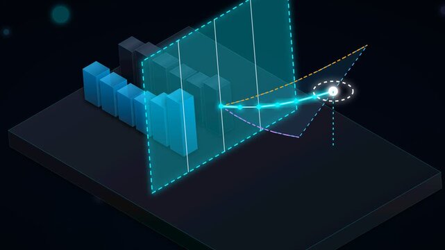 Data Analysis Visualization with Flowing Light Lines Moving Through 3D Bar Charts