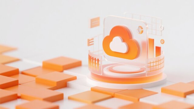 Orange cloud computing icon with data analytics elements on modern digital platform, idea for online storage, cloud services and business technology