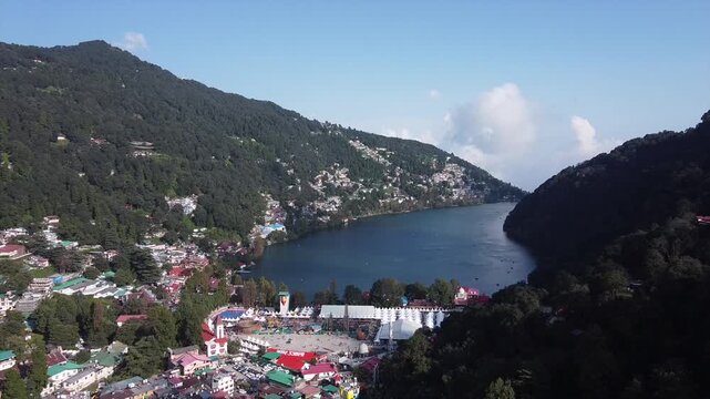 Aerial Drone Shot of Nainital Flats During Nanda Devi Mahotsava Festival with Mela Rides and Canopy Tents
