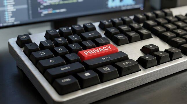 Computer keyboard with privacy button in a tech workspace