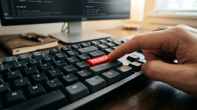 Finger pressing red panic button on computer keyboard in office setting
