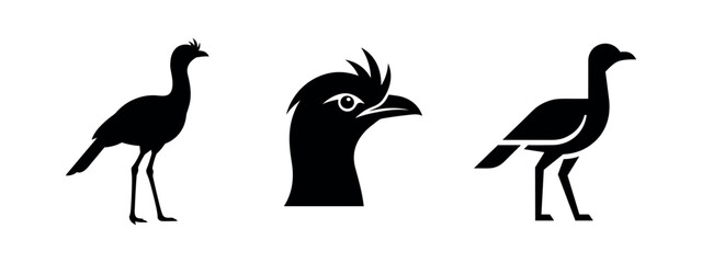 Obraz premium Seriema and crane bird silhouettes, minimalist vector icon set for wildlife conservation