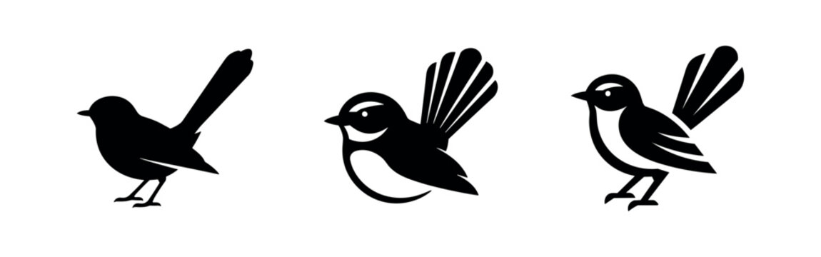 Fantail bird silhouette set, minimalist vector icons of the new zealand piwakawaka