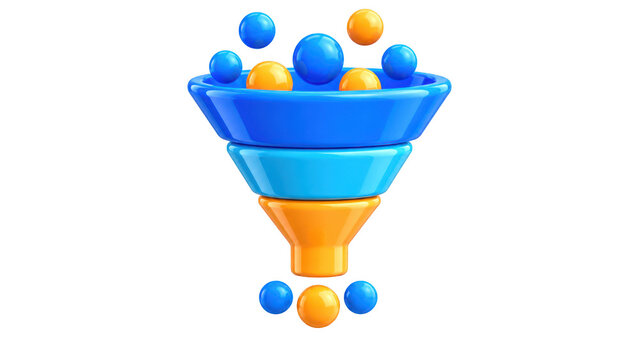 3D sales funnel icon with floating spheres isolated