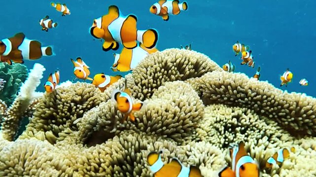 View of clownfish swimming among vibrant coral reefs in the clear blue waters of Karimunjawa, Central Java, Indonesia.