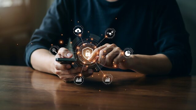 Person's hands using smartphone with digital security network overlay for data protection concept