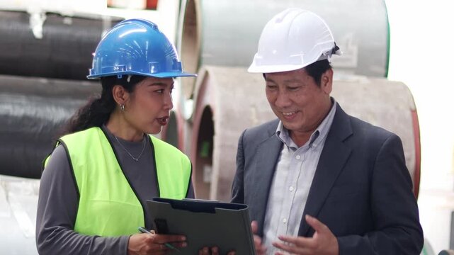 Senior Asian manager with helmet discussing with woman worker in safety vest hold clipboard during inspecting large metal tubes at industrial site. Staff with supervisor check factory area together.