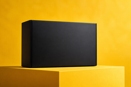 A black rectangular box is displayed on a bright yellow pedestal against a solid yellow background.