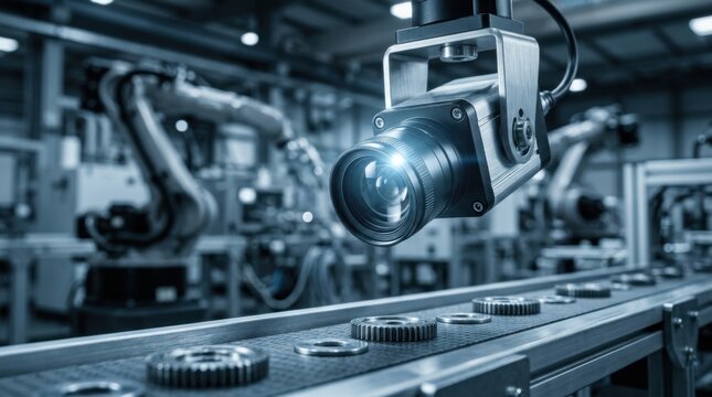 Machine vision camera scanning metal parts on a conveyor belt with robotic arms in an automated factory production line