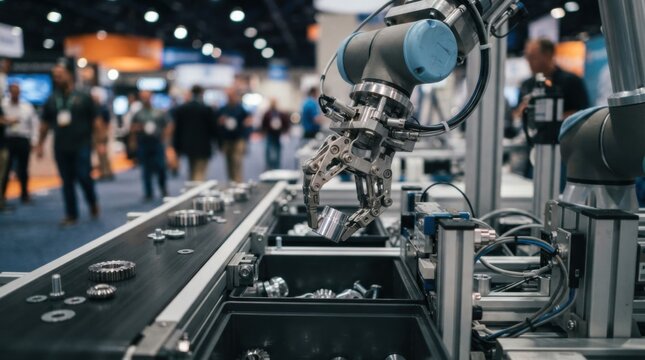 Robotic pick and place arm sorting small machined parts on a conveyor in an industrial automation exhibit