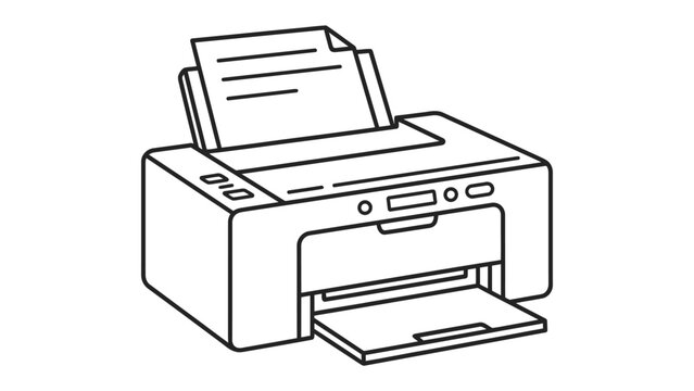 Printer in operation: A line drawing of a modern printer with paper feeding through, ready to print documents.