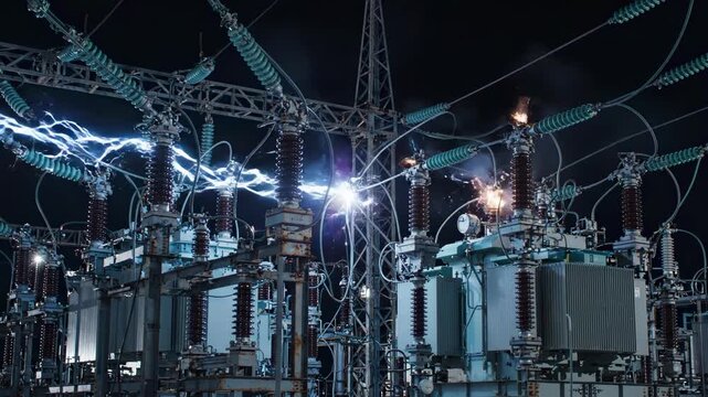 Night substation erupts with electric arcs across transformer bank and power lines. High voltage equipment flashes and sparks, suggesting dangerous grid failure in stark industrial setting.