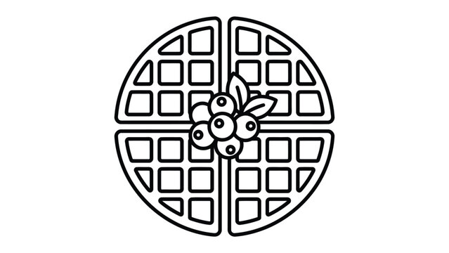 Waffle with Berry Illustration: A simple black and white outline illustration of a round waffle with four quadrants, topped with a cluster of berries and a leaf.