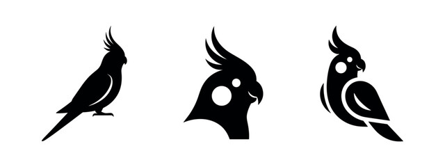 Fototapeta premium Set of cockatiel and crested bird silhouettes and head profiles, vector minimalist icons.