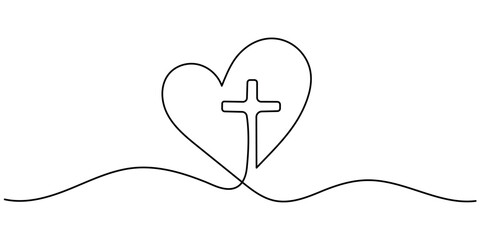 Fototapeta premium Christian Cross in Heart One Line Drawing with Editable Stroke