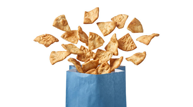 Crispy pita chips erupting from blue paper bag for snack or party food advertising presentation.