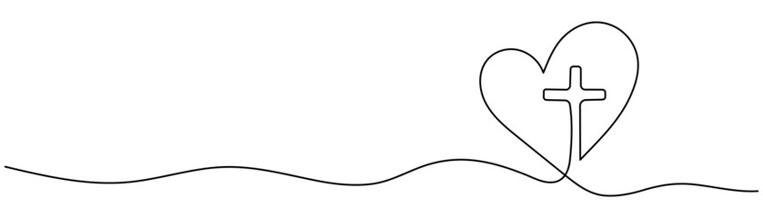 Obraz premium Christian Cross in Heart One Line Drawing with Editable Stroke