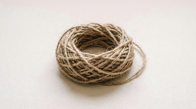 Close-up of a neat coil of natural brown jute twine or string resting on a light textured surface