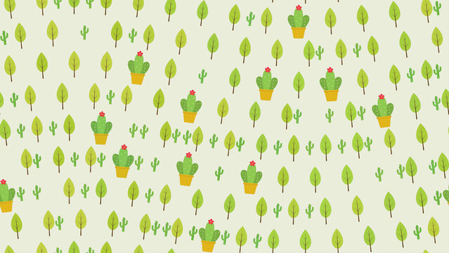 Cartoon pattern of trees and potted cacti