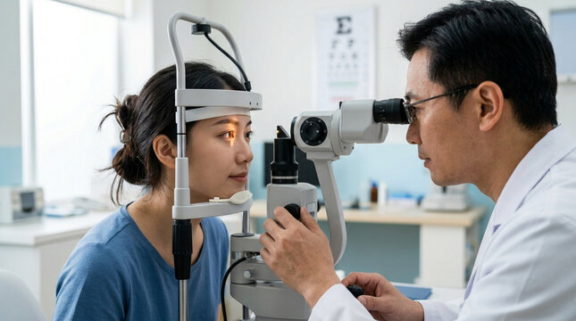 Ophthalmologist examining young woman's eye with slit lamp microscope in clinic