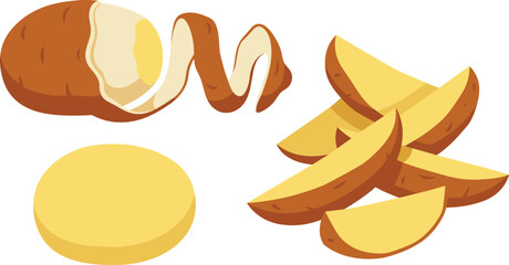 Obraz premium Peeled Potato Skin and Crispy Wedges Vector Icon Set for Restaurant Menus and Fast Food Graphic Designs