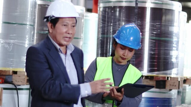 Asian woman worker with helmet and safety vest hold clipboard, walk around with senior manager boss to check large metal tube product at factory. Owner and staff inspecting at industrial site together