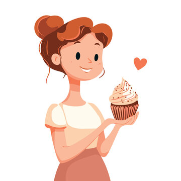 woman with tasty sweet cupcake isolated vector illustration