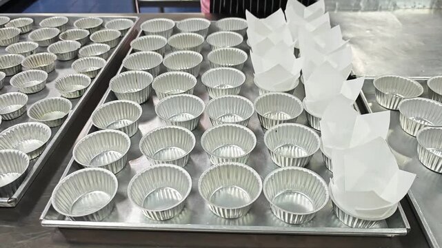 Alternative view of placing white tulip paper liners into aluminium cups.