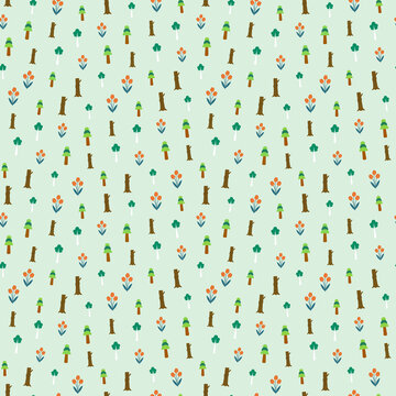 Seamless pattern of stylized trees and flowers