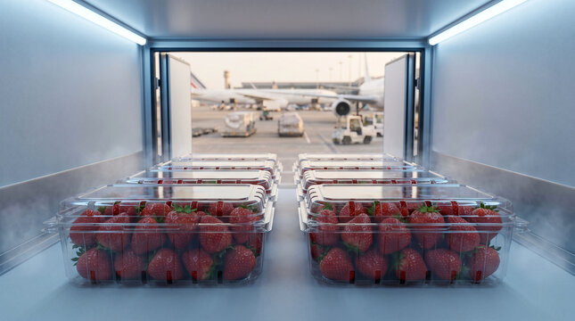 Fresh strawberries in refrigerated air cargo container at airport, cold chain logistics and temperature controlled food transport
