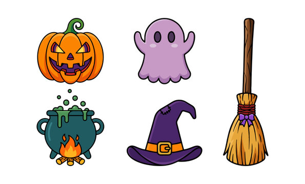 Spooky Halloween Vector Elements Collection Set Featuring Scary Pumpkin Jack O Lantern, Cute Purple Ghost, Boiling Witch Cauldron, Pointed Magic Hat, and Wooden Broomstick Isolated