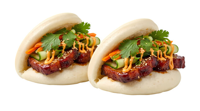 Two delicious bao buns filled with braised pork and vegetables and sauce.