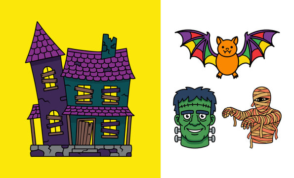 Spooky Halloween Vector Character Set Featuring Haunted House Building, Cute Flying Bat Monster, Green Frankenstein Head, and Egyptian Mummy Isolated on Yellow and White Background