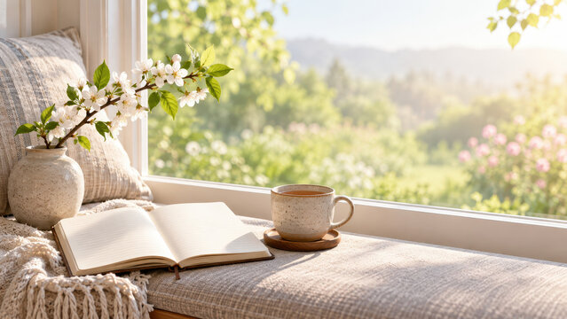open book, ceramic cup, and spring cherry blossom branch in vase on cozy windowsill overlooking sunny garden. morning reading relaxation. banner, website header with copyspace.