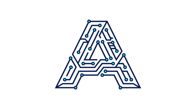 Tech Letter A Logo Design with Digital Circuit Board Pattern and Electronic Connectivity Nodes in Blue for Cyber Innovation