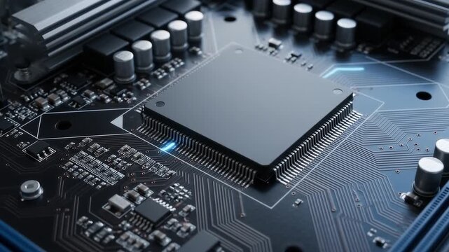 Close up of a computer motherboard with central processing unit chip in a modern hardware system animation