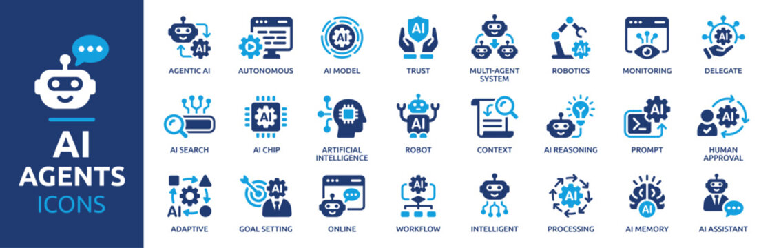 AI Agents icon set. Containing agentic AI, autonomous systems, workflow and artificial intelligence solid vector icons collection.